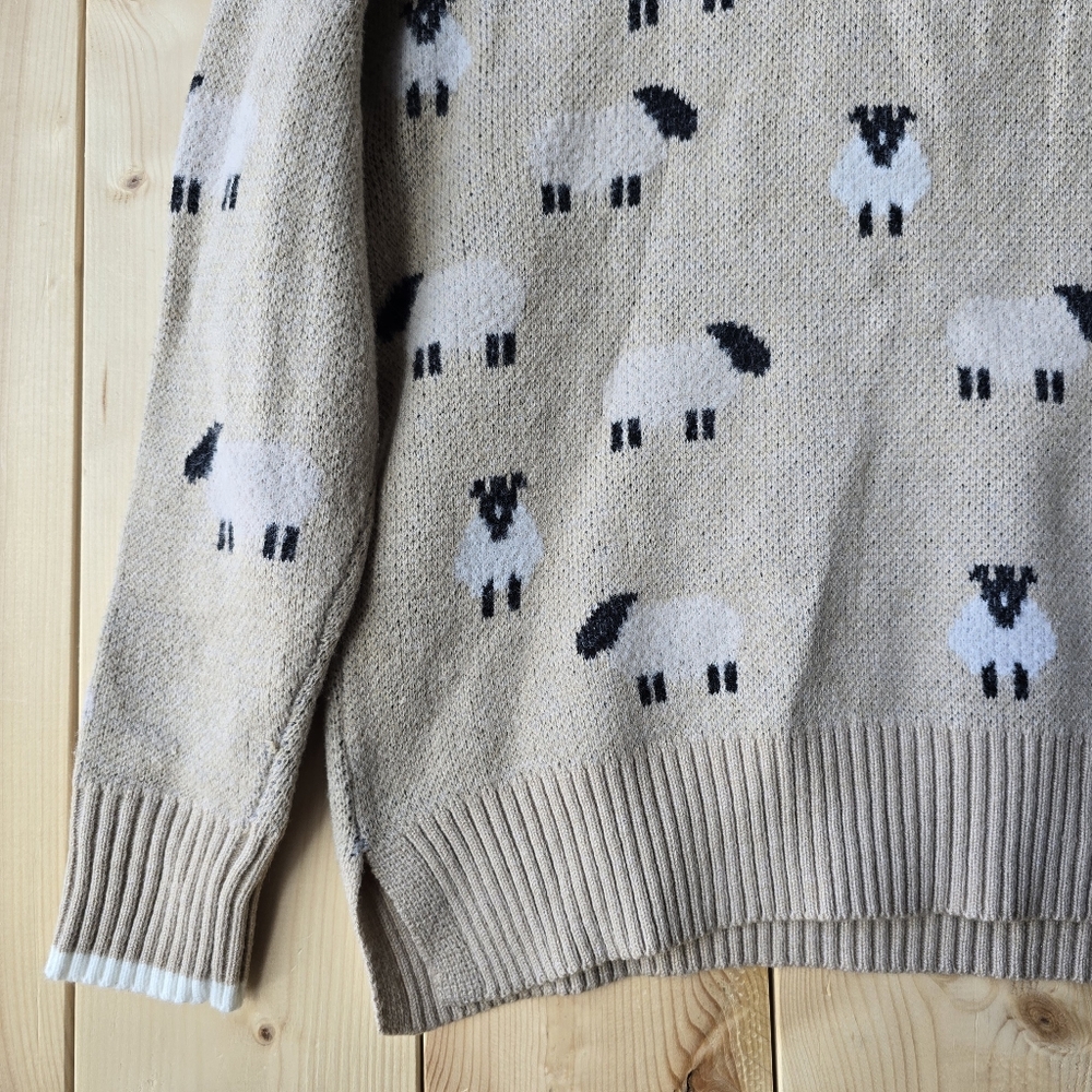 Ricki's Sheep Lamb Print 1/4 Zip Long Sleeve Pullover Tan Sweater Medium - Picture 10 of 12